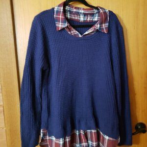 2X Navy Sweater with faux flannel shirt